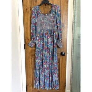 Gypsy Love Maxi Dress Med Tiered Balloon Sleeve Smocked Floral Mod Boho Peasant